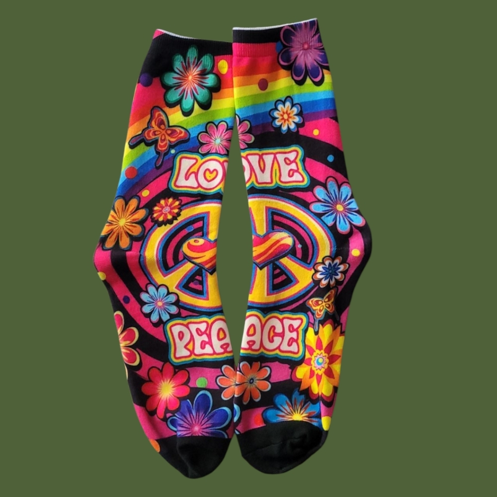 Boho Hippy LOVE PEACE Rainbow Socks Psychedelic Festival Floral Butterfly OS NWT